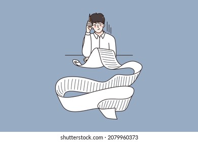 Problems in financial bills concept. Young stressed man worker accountant sitting and looking at long papers of bills feeling stressed vector illustration 