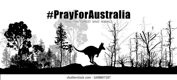 	
Problems forest fire in Australia. Silhouette of a kangaroo with a fertile and arid tree. Pray For Australia. Vector illustration.