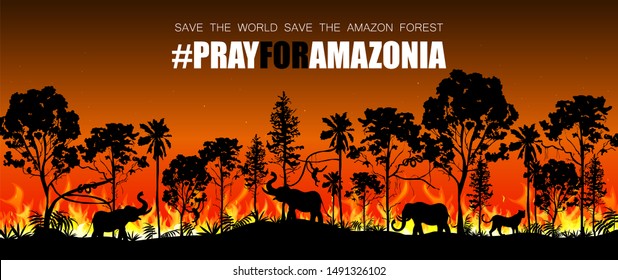 Problems forest fire burn in Brazil, Australia, and Amazon. Forest fires with wild animals silhouette. Vector illustration.