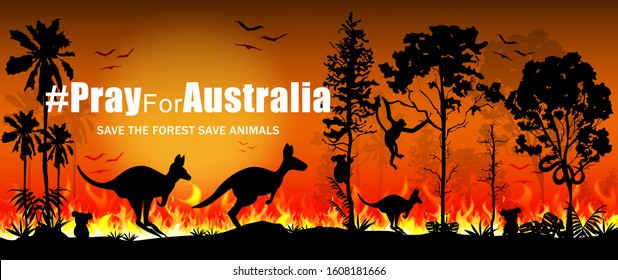 Bete für Australien! Waldbrände mit Silhouette von Wildtieren Kangaroo, Koala, Affen, Schlange und Vogel. Vektorillustration.