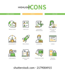 Problems Of The Global Crisis - Modern Line Design Style Icons Set. Images Of World Data, Job Cuts, Contract Breakdown, Uncertainty, Price Rises, Dismissal, Financial Loss And Frozen Account Idea