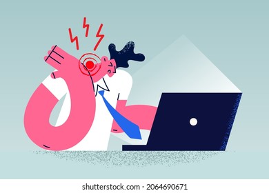 Problems with health with computer concept. Young man worker cartoon character sitting touching painful neck looking at laptop screen in office vector illustration 