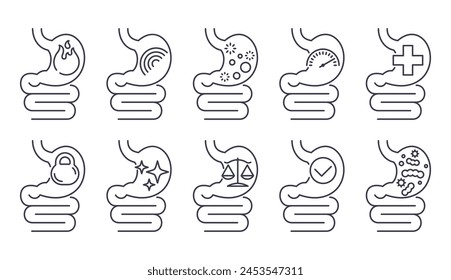 Problemas y salud, normalizando la funcionalidad del tracto digestivo estomacal. Conjunto de iconos de 10 pictogramos en línea delgada