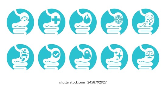 Problems and health, normalizing of functionality of stomach digestive tract. Icons set of 10 flat pictograms