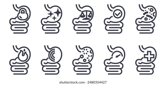 Problemas y salud, normalizando la funcionalidad del tracto digestivo estomacal. Conjunto de iconos de 10 pictogramas en negrita