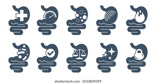 Problemas y salud, normalización de la funcionalidad del tracto digestivo del estómago. Conjunto de iconos de 10 pictogramas planos monocromos