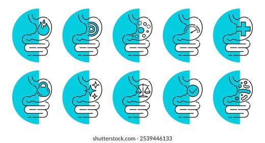 Problemas y salud, normalización de la funcionalidad del tracto digestivo del estómago. Conjunto de iconos de 10 pictogramas en línea fina y Formas semicirculares