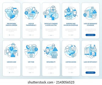 Problems with healthcare system blue onboarding mobile app screen set. Walkthrough 5 steps graphic instructions pages with linear concepts. UI, UX, GUI template. Myriad Pro-Bold, Regular fonts used