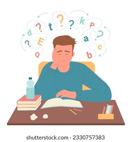 Problems in learning and literacy, dysgraphia and dyslexia disability vector illustration. Cartoon dyslexic confused student sitting at desk with cloud of letters, frustrated boy asking question