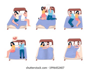 Problems in a married couple. Quarrel in a bed. Man and woman fighting. Sexual difficulties. Unhappy relationships. Simple style. Editable vector illustration isolated on a white background