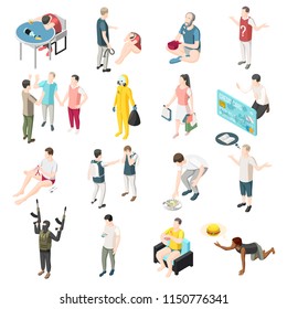 Problems of modern society isometric icons set so as domestic violence gadget dependency drunkenness education lack radioactive waste gluttony drug begging isolated vector illustration