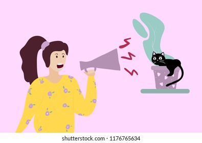 Problems with a naughty cat. Disobedient pets. Owner and pet. Cartonn vector illustration. Doodle.
