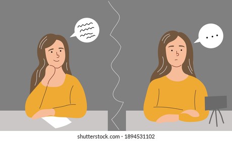Problems of a novice blogger. The girl does not know how to speak on camera. Flat vector illustration.