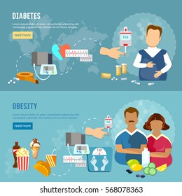 Problems of obesity banner, diabetes, fat man and woman, improper feeding, bad food 