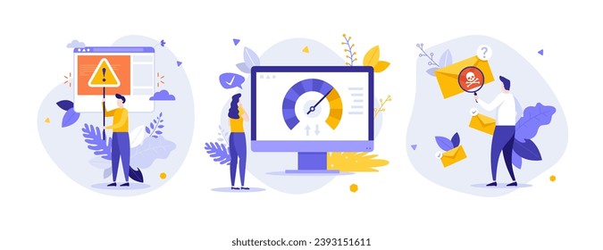 Problems on web pages solution flat concept vector illustrations set. Internet speed measure, error warning and scam cartoon composition. User support service creative idea for website, presentation