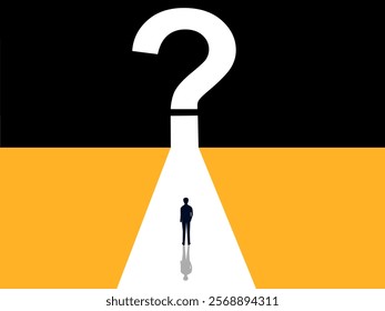 Problems and opportunities. Businessman steps towards the question mark door