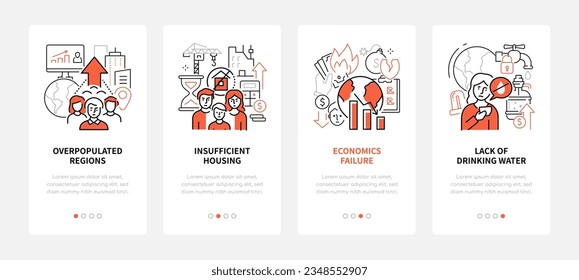 Problemas de sobrepoblación y economía - banners de estilo de diseño de línea con lugar para texto. vivienda insuficiente, fracaso financiero, falta de agua potable. Crisis de la idea del medio urbano