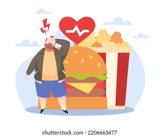 Problems overweight people, unhealthy diet. Fat man with huge hamburger and popcorn in basket, fastfood eating, Obese women with diabetes, bad eating habits. Vector cartoon flat concept