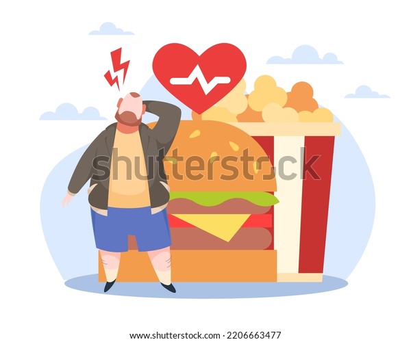 Problems\
overweight people, unhealthy diet. Fat man with huge hamburger and\
popcorn in basket, fastfood eating, Obese women with diabetes, bad\
eating habits. Vector cartoon flat\
concept