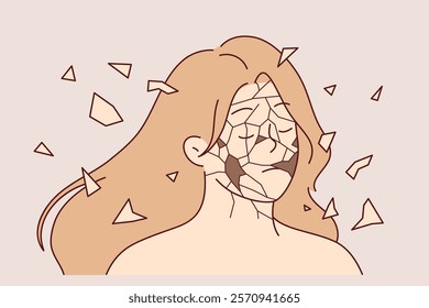 Problems of psychological disintegration in woman, with face falling apart into fragments due to severe stress. Girl suffers from psychological collapse and needs help of psychotherapist