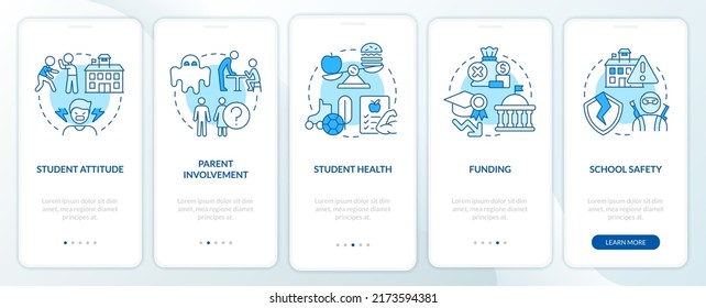 Problemas en escuelas públicas pantalla azul de aplicación móvil. Recorrido 5 pasos instrucciones gráficas editables con conceptos lineales. UI, UX, plantilla GUI. Multitud de tipos de letra Pro-Bold, con uso regular
