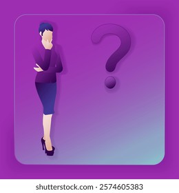 Problems and questions in the decision-making process. Female. Glass morphism. Vector illustration.