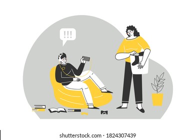Problemas de relaciones entre adolescentes y sus padres. Dependencia de los gadgets. Ignorando a los adolescentes de sus padres. Ilustración vectorial