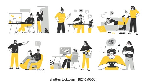 Problems of relations between teenagers and their parents. Dependence on gadgets. Ignoring teenagers of their parents. Vector Illustration