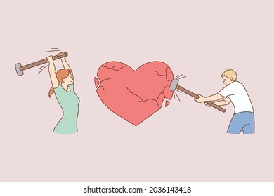 Problems in relations, conflict, break up concept. Young furious couple hitting huge red heart with hammers bitting relationships splitting up vector illustration 