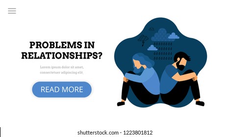 Problems in relationships. Landing page template. Modern flat concept with man and woman. Conflict. Divorce. Depressed couple.