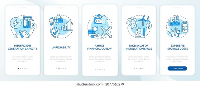Problems with renewable energy onboarding mobile app page screen. Installation space walkthrough 5 steps graphic instructions with concepts. UI, UX, GUI vector template with linear color illustrations