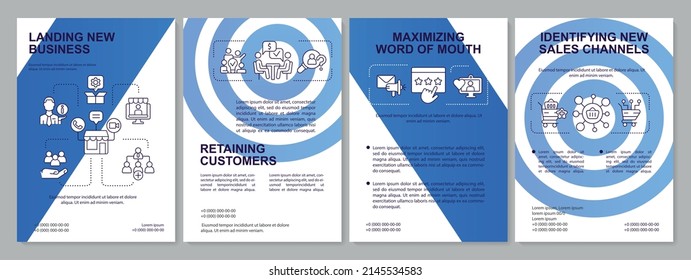 Problems in sales management blue brochure template. New sales channels. Leaflet design with linear icons. 4 vector layouts for presentation, annual reports. Arial, Myriad Pro-Regular fonts used