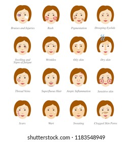Problems with skin and face in cosmetology like colorful icons of woman