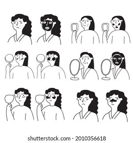 Problems with skin. Set of icons young woman doing skincare routine. Face mask, eye patch, nose patch, face cream. Outline vector illustrations.