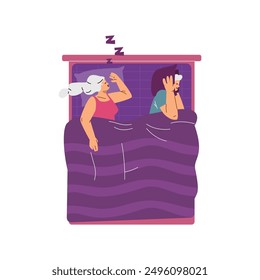 Problems with sleep apnea, vector illustration on a white background with a woman snoring loudly and a man awake in bed with a pillow covering his ears