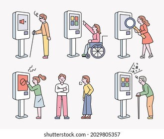 Problems of a smart society. People are experiencing inconvenience because they cannot use the kiosk. outline simple vector illustration.