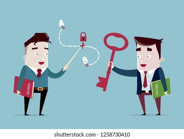 Problems and solutions: Businessman with key solving problem