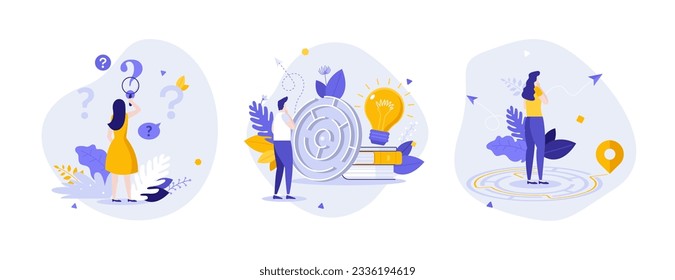 Problems and solutions concept flat vector illustrations set. People with alternative thinking. Decision cartoon compositions for web design. Creative idea for website, mobile, presentation