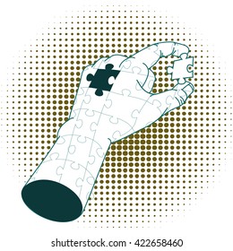 Problems and Solutions. Hand holding a piece of the puzzle from which the hand is made.

