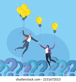 Problems solving, solution offering, sharing creativity idea or mentoring concept. Businessman holds flying light bulbs and giving a light bulb idea to another member in blue background.