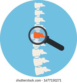 Problems with spine. Posture issues. Sick red place. Crack in White bone. Magnifying glass. Logo in circle. Vertebral column. X-ray of internal organs. Medical care. Fracture of intervertebral discs