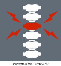 Problems with spine. Posture issues. vertebral column. X-ray of internal organs. Medical care. Fracture of intervertebral discs. Cartoon flat illustration. Sick red place. Crack in White bone