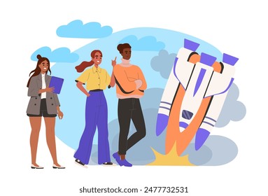 Problems with start up. Man and woman near fallen missile. Failed entrepreneurs with bad idea. Partners with business obstacles. Cartoon flat vector illustration isolated on white background