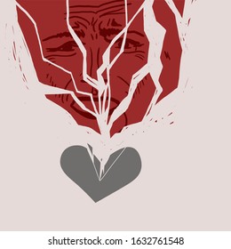 Problems and stress in love relationships, concept. A broken heart and a suffering face in splinters