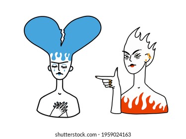 Problems of teenagers. Different facial expressions. Skin problems. Acne. Vector illustration in cartoon line style.