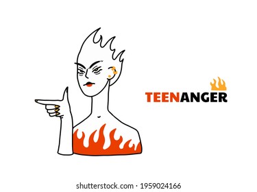 Problems of teenagers. Different facial expressions. Skin problems. Acne. Vector illustration in cartoon line style.