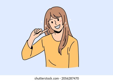 Problems with teeth and dental crisis concept. Young smiling girl cartoon character standing pointing at her bad black teeth with cavity vector illustration 