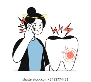 Problemas con los dientes. Las mujeres sufren de dolor en las mejillas. Problemas dentales y de cavidad. Salud y medicina. Diagnóstico y tratamiento. Ilustración vectorial plana lineal aislada sobre fondo blanco