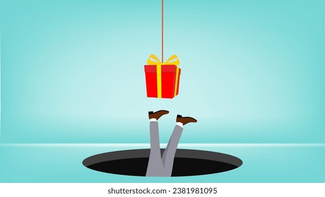 problems or traps in doing business with the concept of an entrepreneur who falls into a hole because he is lulled by the trappings of prizes or big profits flat design illustration, lost concept