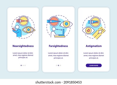 Problems to treat with the laser onboarding mobile app page screen. Eye surgery walkthrough 3 steps graphic instructions with concepts. UI, UX, GUI vector template with linear color illustrations